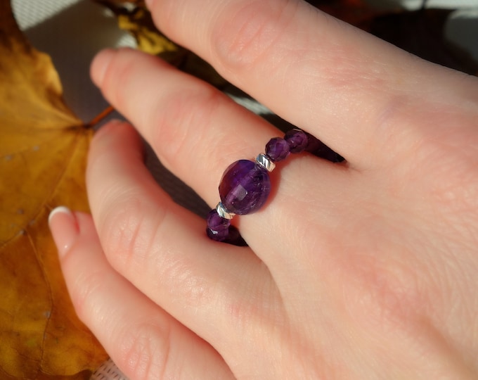 Natural Gemstone Ring Beaded, Amethyst and sterling silver ring, Natural Amethyst ring, Natural Stone Stretch Ring, Boho beads ring