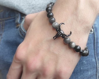 Silver Obsidian Bracelet with Ox bead, Bracelet with bulll, Obsidian mens bracelet, bracelet for men, mens bracelet, taurus bracelet