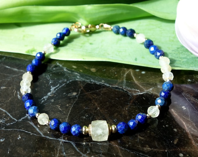 Lapis Lazuli and rutilated quartz Bracelet, lapis bracelet, Blue lapis bracelet, rutile quartz bracelet, golden rutile quartz bracelet