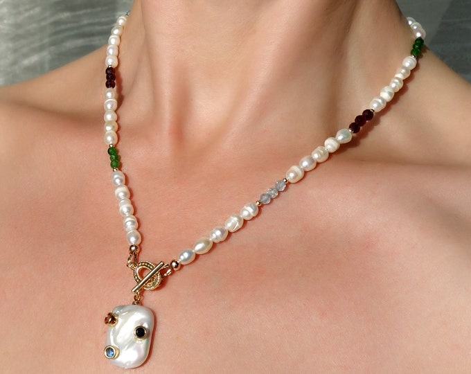 Pearls, Garnets, Aquamarine and Chrome Diopside necklace, pearl pendant, pearl necklace, garnet necklace, Chrome Diopside necklace