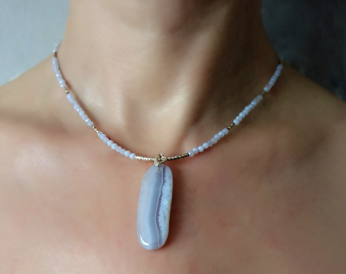 Blue Lace Agate necklace, Blue Lace Agate pendant, blue agate necklace, natural agate necklace, blue lace necklace, agate silver necklace