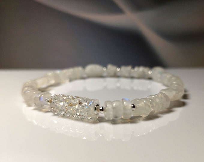 Moonstone Bracelet with Swarovski crystals, Moonstone Jewelry, Genuine Moonstone bracelet with Sterling silver, Rainbow Moonstone Bracelet