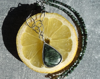Natural seraphinite necklace with seraphinite pendant, Seraphinite Necklace with sterling silver, Clinochlore pendant, seraphinite jewelry