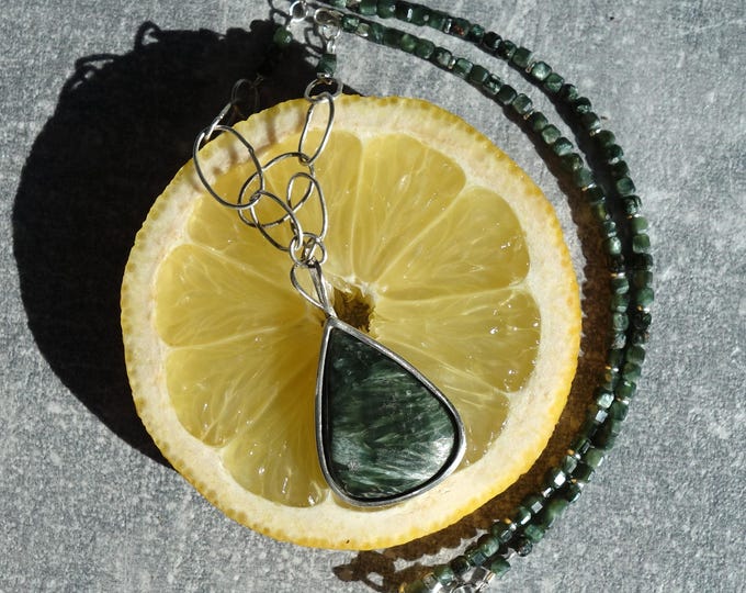 Natural seraphinite necklace with seraphinite pendant, Seraphinite Necklace with sterling silver, Clinochlore pendant, seraphinite jewelry
