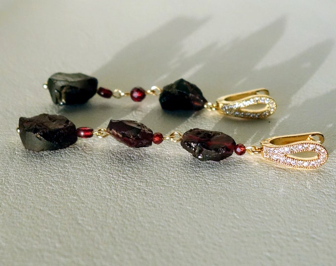 Raw Garnet Earrings, long chain earrings, Earrings with garnet stones, genuine garnet earrings, gemstone earrings, large chain earrings