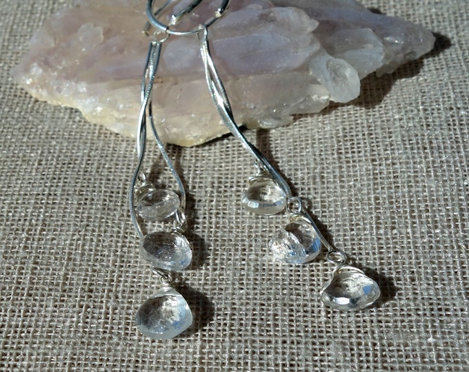 Quartz Earrings, long chain earrings, Light Blue stone earrings, genuine quartz earrings, gemstone earrings, long silver earrings