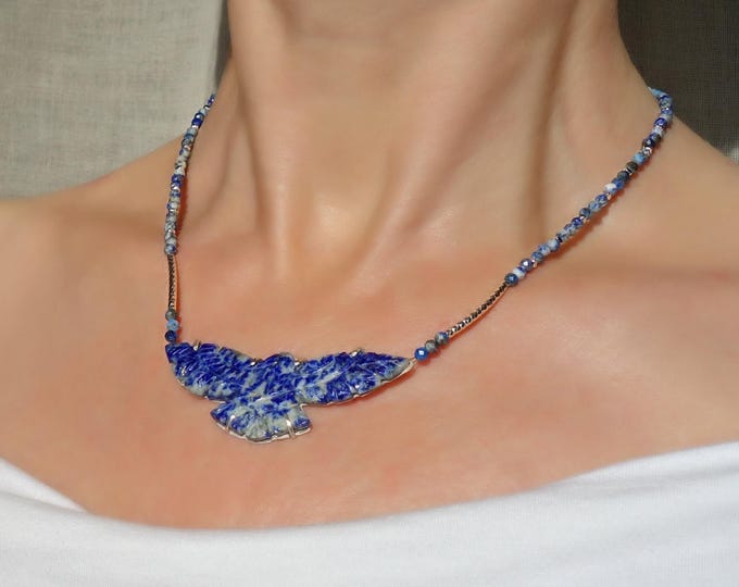 Lapis Lazuli Eagle Necklace Sterling Silver 925 – Hand Carved Bird Pendant, Natural Gemstone Beaded Necklace, Unique Jewelry