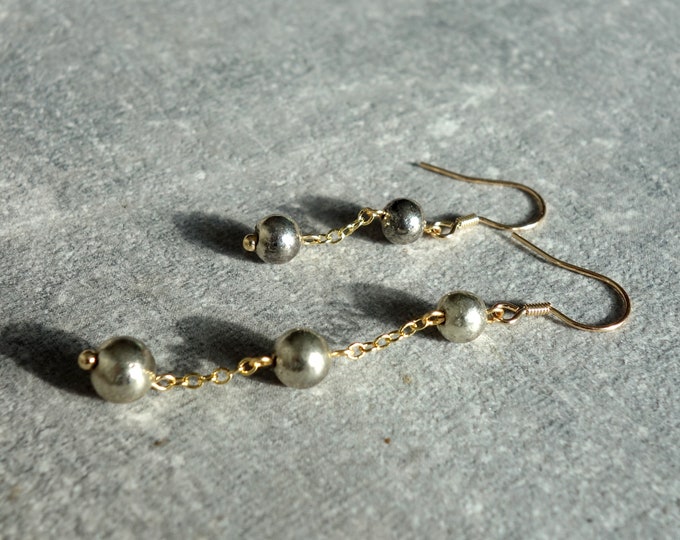 Pyrite earrings with gold plated over silver, genuine pyrite earrings, pyrite jewelry, Asymmetrical earrings, Mismatched earrings
