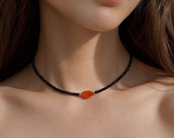 Black spinel necklace with carnelian lips, Spinel Delicate Beaded Necklace, Black spinel choker, Gemstone Choker, Minimalist necklace