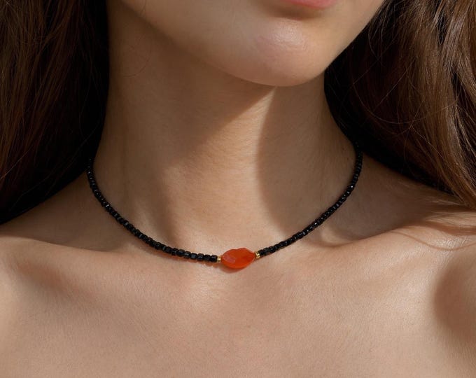 Black spinel necklace with carnelian lips, Spinel Delicate Beaded Necklace, Black spinel choker, Gemstone Choker, Minimalist necklace