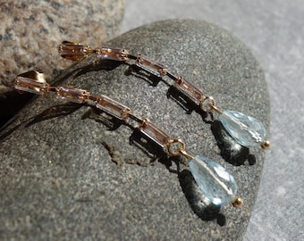 Blue Topaz Drop Earrings – 40 mm Long Gold-Plated Stainless Steel Stud Earrings, Faceted Natural Topaz 10x5 mm, Minimalist Dangle Earrings