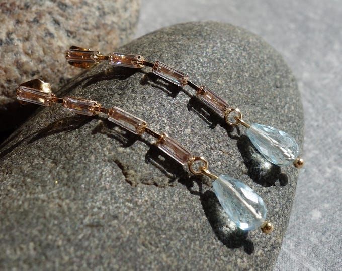 Blue Topaz Drop Earrings – 40 mm Long Gold-Plated Stainless Steel Stud Earrings, Faceted Natural Topaz 10x5 mm, Minimalist Dangle Earrings