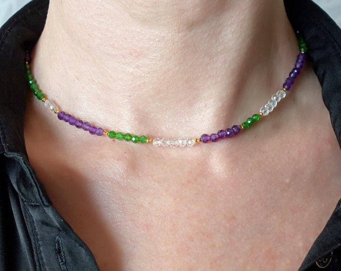 Citrine, amethyst, peridot and garnet necklace with gold plated over silver, Faceted Citrine choker, amethyst choker, peridot choker