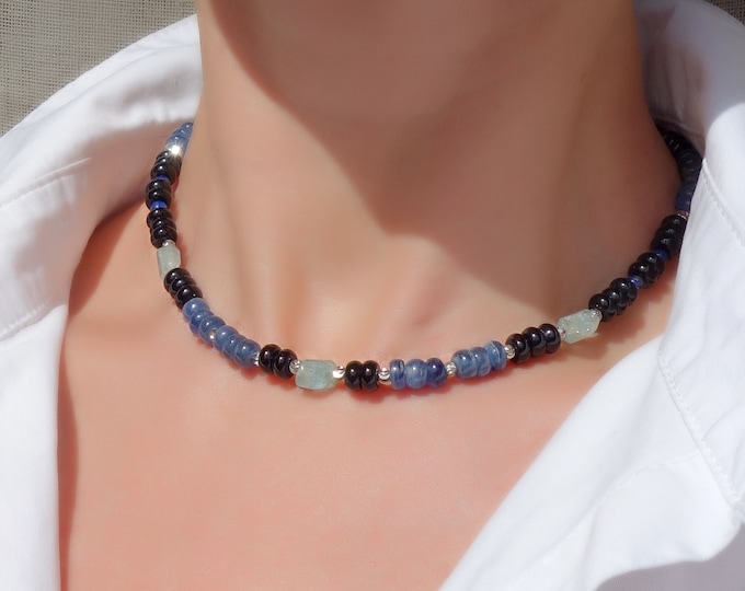 Unisex Kyanite, Aquamarine and Onyx choker, Kyanite beaded necklace, aquamarine beaded necklace, Boho Jewelry, kyanite choker