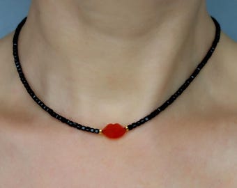 Black spinel necklace with carnelian lips, Spinel Delicate Beaded Necklace, Black spinel choker, Gemstone Choker, Minimalist necklace