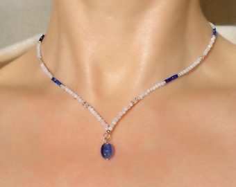 Blue Lace agate and Lapis Lazuli Necklace with Blue Kyanite bead and sterling silver, Kyanite necklace, Necklace with gemstones