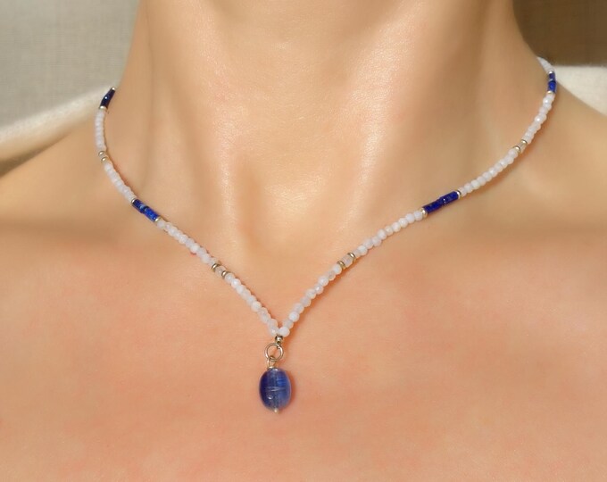 Blue Lace agate and Lapis Lazuli Necklace with Blue Kyanite bead and sterling silver, Kyanite necklace, Necklace with gemstones