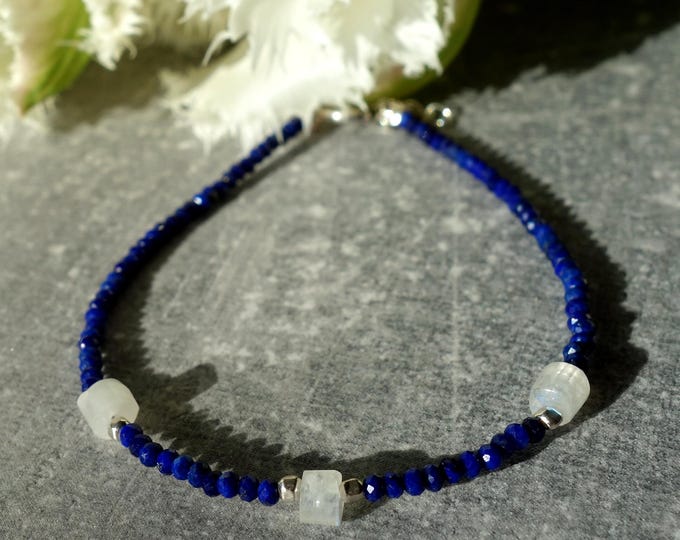 Lapis Lazuli and Moonstone Bracelet with sterling silver clasp, lapis bracelet, Blue lapis bracelet, moonstone bracelet, Skinny bracelet