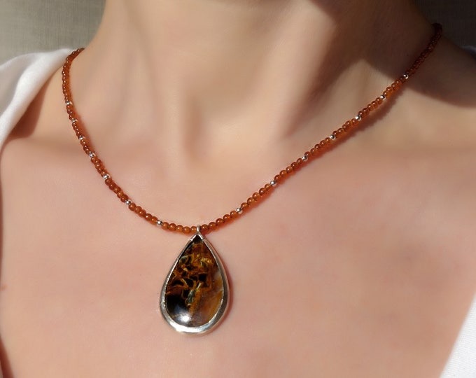 Spessartine necklace with pietersite pendant, Garnet Delicate Beaded Necklace, Natural Fire Play Pietersite, Pietersite necklace
