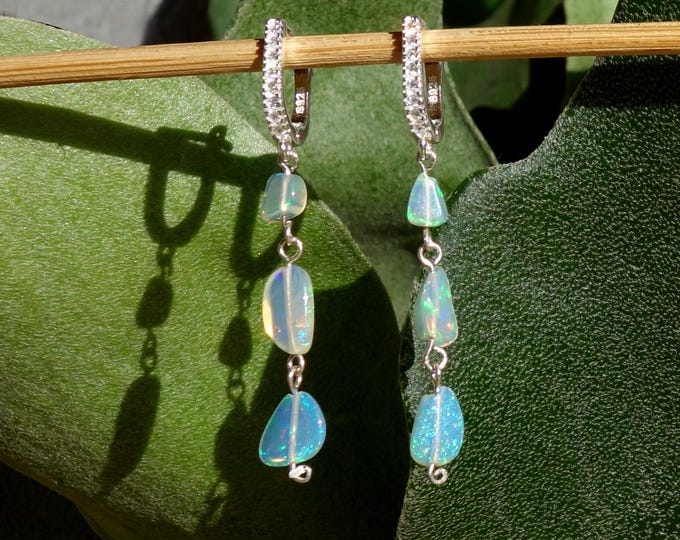 Ethiopian Opal Dangle Earrings Sterling Silver, 4 cm Drop, Natural Opal Gemstone Earrings, October Birthstone Gift for Her