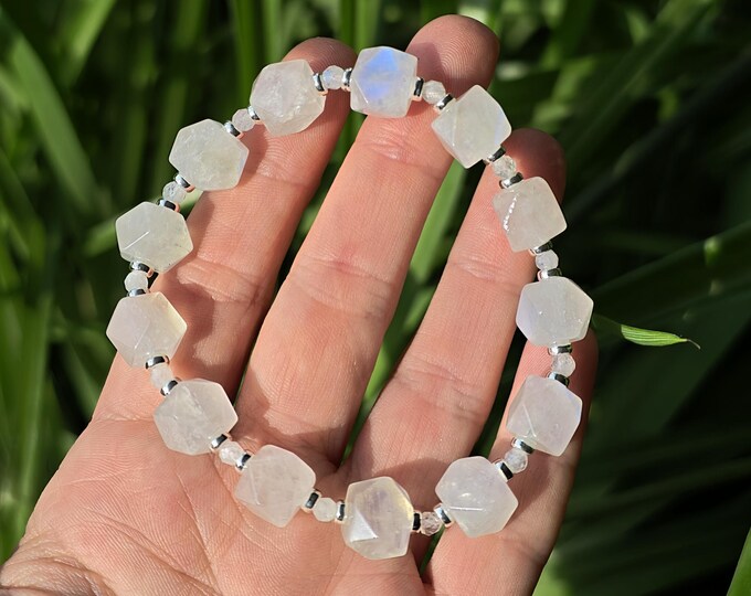 Moonstone Bracelet, Faceted Blue Flash Gemstone Bracelet with Silver Spacers, June Birthstone Gift for Her