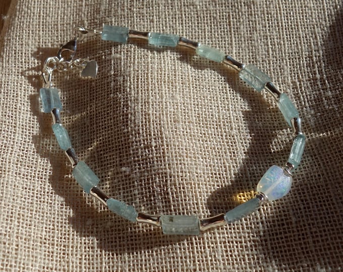 Natural Kyanite Bracelet with Ethiopian Opal and sterling silver | Natural Kyanite Jewelry | Opal Center Stone | Bracelet size 17 cm