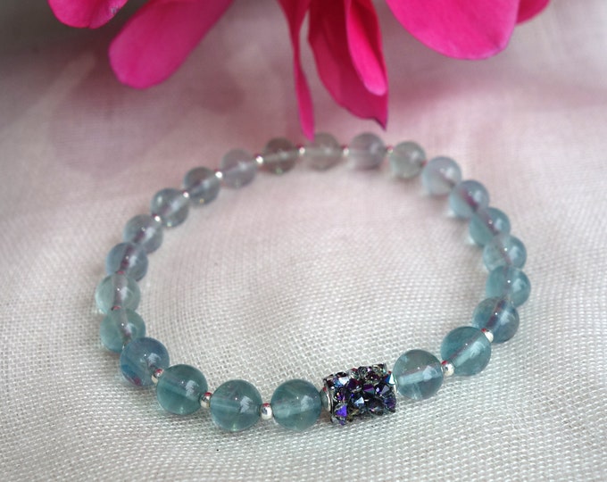 Blue Fluorite and Swarovski crystal bracelet with sterling silver beads, Blue Fluorite bracelet, yoga bracelet, Swarovski bracelet