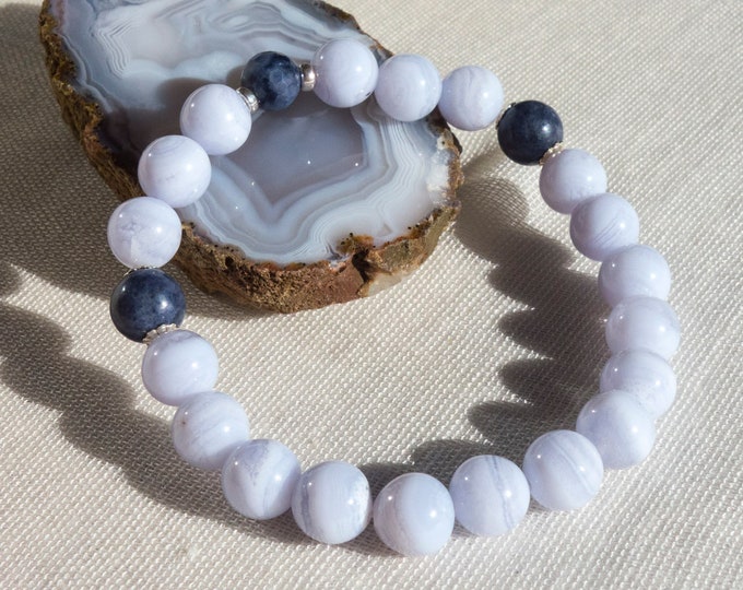 Blue Lace Agate and Sapphire Bracelet with sterling silver, Delicate Beaded Bracelet, Gemstone bracelet, Healing Crystals and Stones