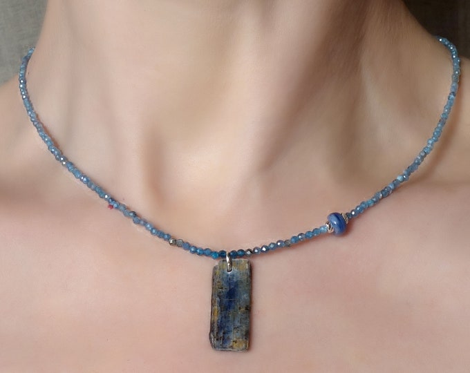 Elegant Blue Kyanite Necklace - Handcrafted Natural Crystal Jewelry. Necklace with kyanite and sterling silver. Raw kyanite choker