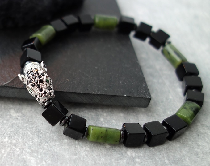 Men's Black Onyx and Jade Bracelet with Panther size 18 cm
