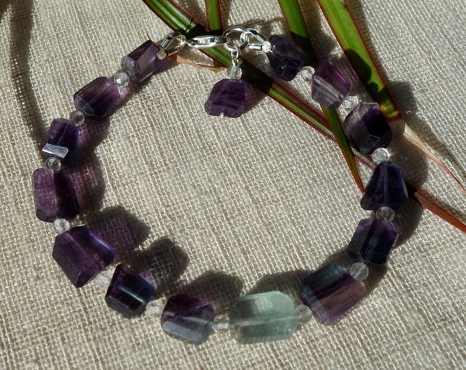 Fluorite and Clear quartz Bracelet with sterling silver clasp, Fluorite Bracelet Jewelry gift