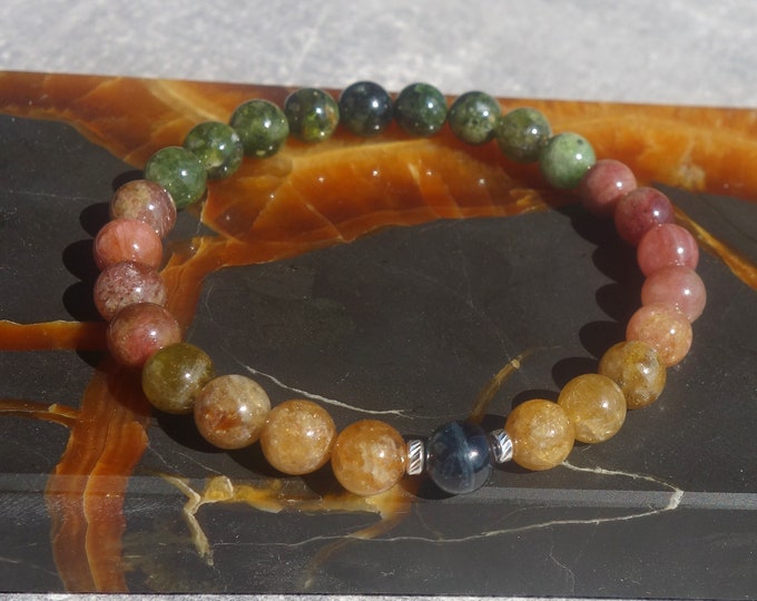 Rainbow Tourmaline Bracelet with Sterling Silver beads, Genuine rainbow tourmaline Stone, tourmaline bracelet, 8mm jet stone beads