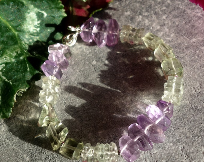 Prasiolite and Amethyst Bracelet with sterling silver, Green Amethyst Bracelet, Gemstone bracelet with prasiolite, amethyst bracelet