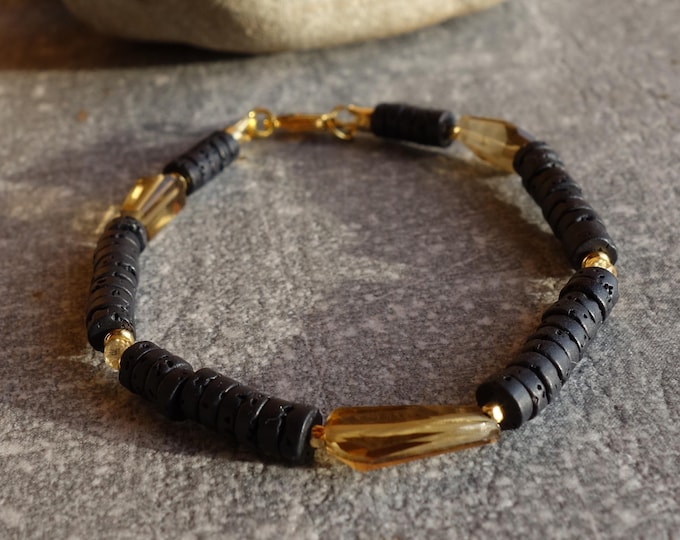 Black Lava Beads Bracelet with Citrine & Yellow Tourmaline · size 16 cm, Black and Yellow bracelet
