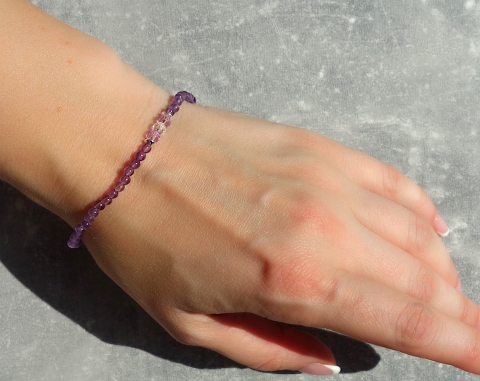 Amethyst Bracelet, Gemstone bracelet, Thin Bracelet, Amethyst, Clear quartz and Silver beads bracelet, gift for women, birthstone bracelet