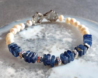 Elegant Kyanite and Pearl Bracelet - Natural Gemstone Jewelry - Handcrafted for You - Blue and white bracelet
