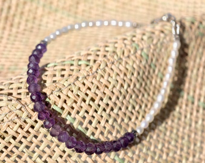 Amethyst Pearl Bracelet, Gemstone bracelet, Thin Bracelet, Pearl bracelet, gift for women, women bracelet, gift for her, birthstone bracelet