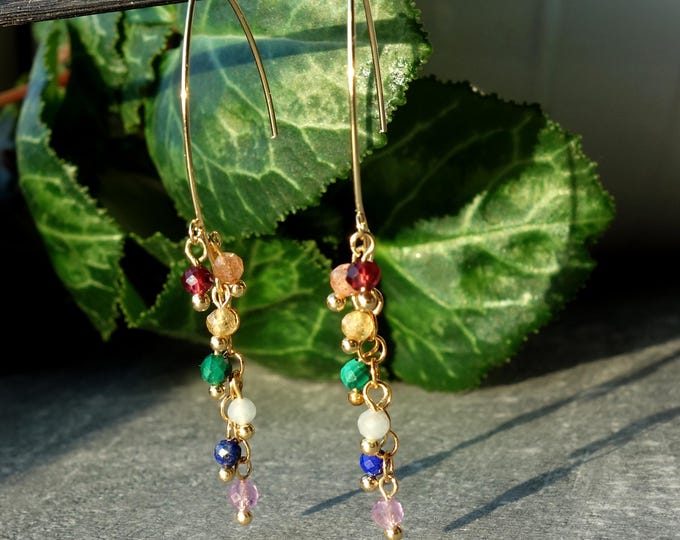 Rainbow semi precious gemstone earrings with multi color stones in garnet amethyst tourmaline malachite lapis lazuli sunstone angelite
