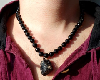 Jet Stone and Black Tourmaline choker for men, Schorl necklace, Black Tourmaline Necklace, Jet Stone necklcace with black tourmaline pendant