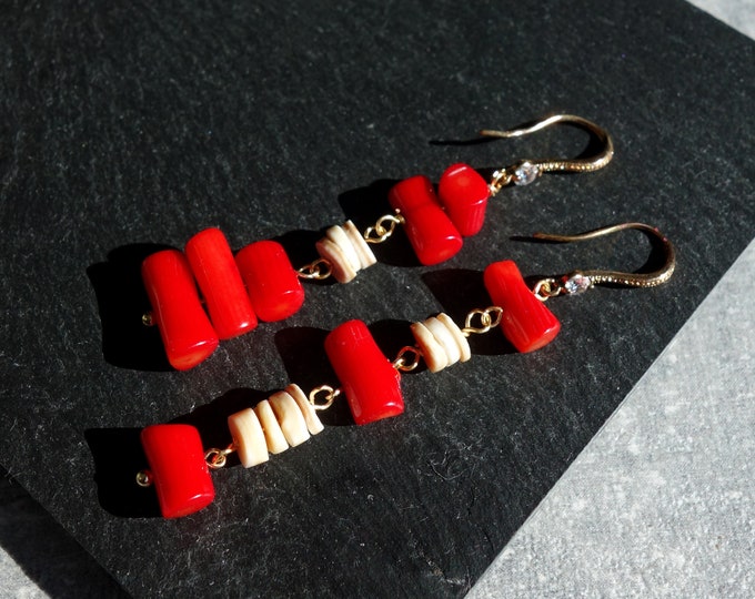 Red coral and shell earrings, coral jewelry, red earring, red coral jewelry, shell earrings, Asymmetrical earrings with red coral