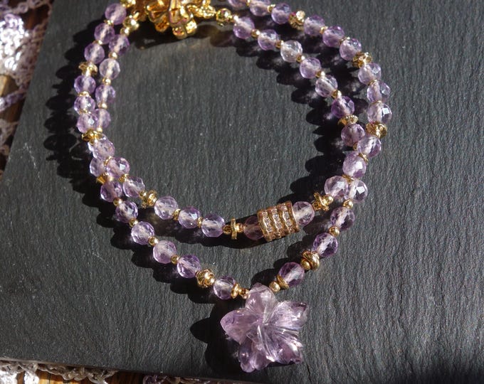 Amethyst Beaded Bracelet with Flower Detail, Amethyst Flower Bracelet, Double Strand Faceted Gemstone Bracelet