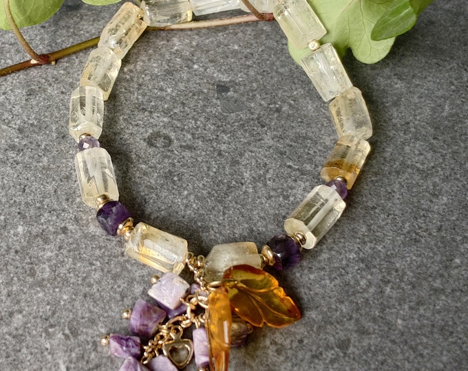 Amethyst and Citrine Bracelet with charoite pendant, Amethyst Bracelet Jewelry gift, Gemstone bracelet with amethyst and citrine