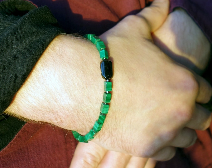 Malachite Bracelet with Green Tourmaline bead, Rare Natural tourmaline, Genuine malachite mens bracelet, bracelet for men, mens bracelet