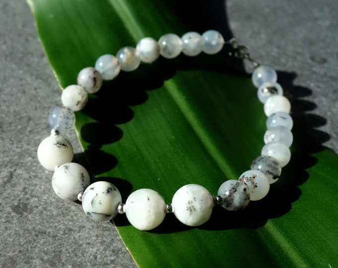 Dendritic Opal Bracelet with Sterling silver, Milky Gray Opal bracelet, dendritic opal beads, dendrite opal bracelet, dendritic bracelet