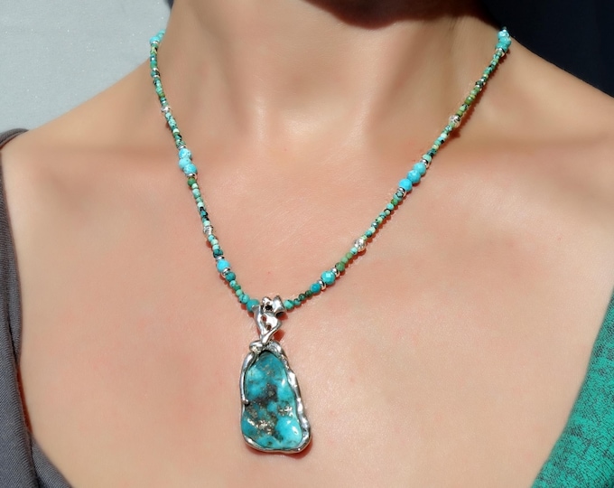 Turquoise necklace with sterling silver, Turquoise Delicate Beaded Necklace, Turquoise necklace with Silver pendant, Turquoise pendant