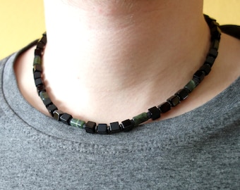 Mens Black Onyx Jade Choker 44 cm, Geometric Beaded Necklace with Nephrite Jade and Onyx, Minimalist Protective Jewelry
