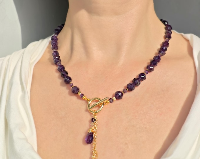 Faceted Amethyst Beaded Necklace with Drop Pendant, Purple Gemstone Necklace, Gold Plated Steel Toggle Clasp, February Birthstone Gift
