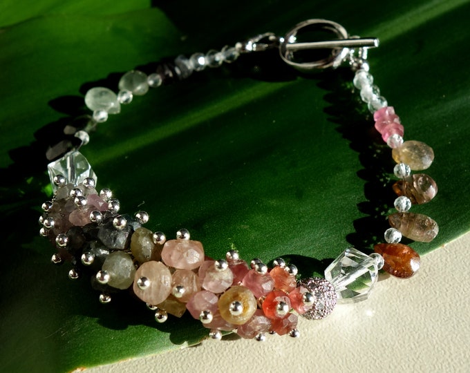 Rainbow Tourmaline Bracelet with Clear Quartz, Multi Color Tourmaline tourmaline Stone, watermelon tourmaline bracelet, raw tourmaline stone