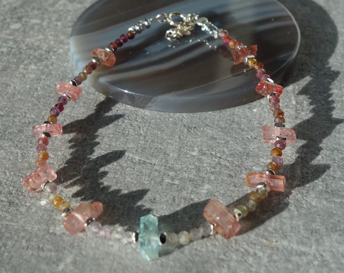 Pink Sapphire Bracelet with Pink and Blue Tourmaline Crystals, Sterling Silver Clasp, 15.5–16 cm — One of a Kind
