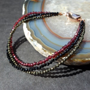 Triple Gemstone Bracelet, Red Garnet, Pyrite and Black Spinel bracelet, Multistrand bracelet, Triple row bracelet, layered bracelet